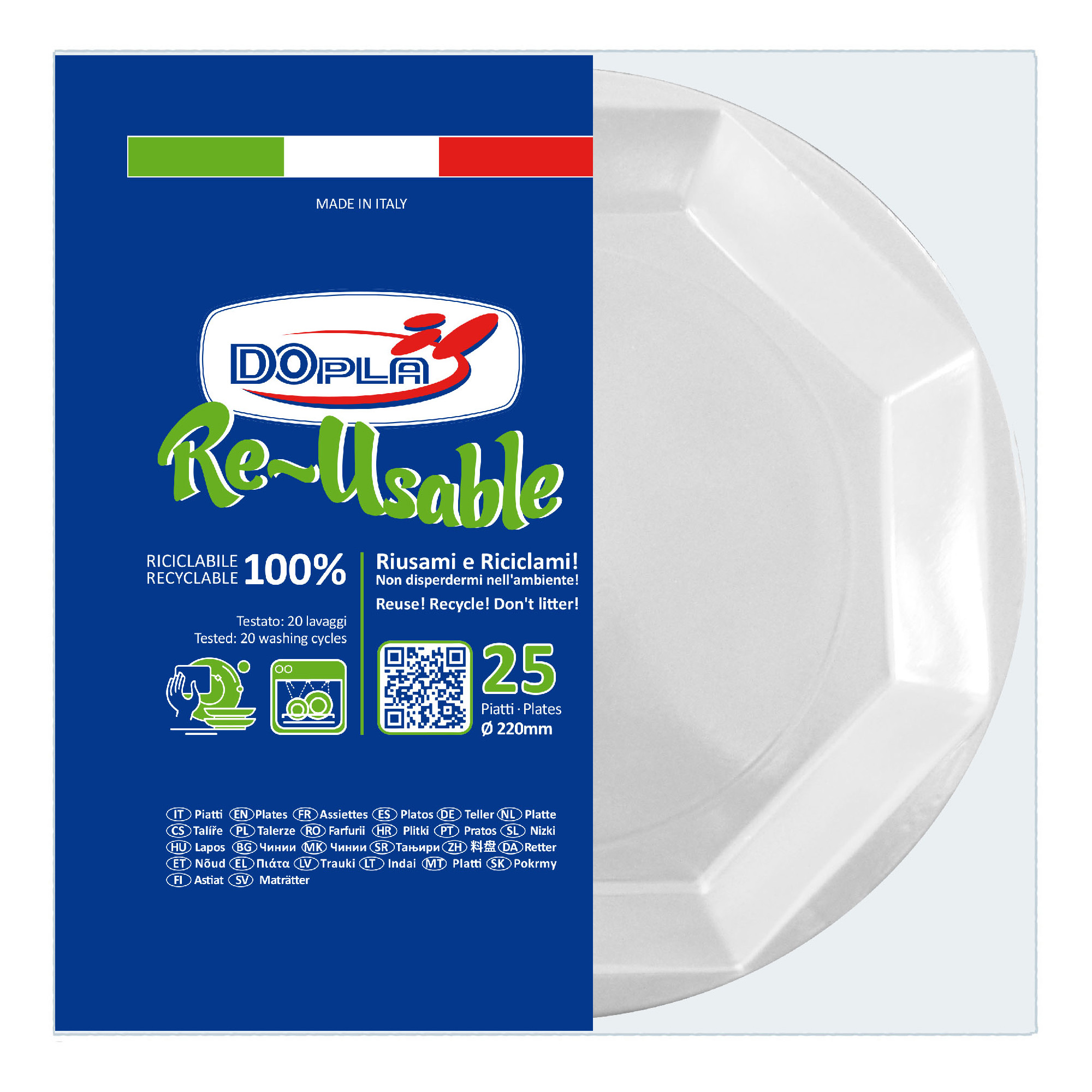 Piatto fondo Reuse - diametro 22 cm - PS - bianco - Dopla - conf. 25 pezzi  su