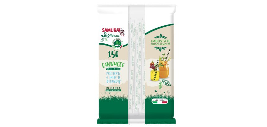 Cannuccia in carta - 20 cm - bianco/bianco-avana - imbustata singolarmente - Samurai Party - conf. 150 pezzi