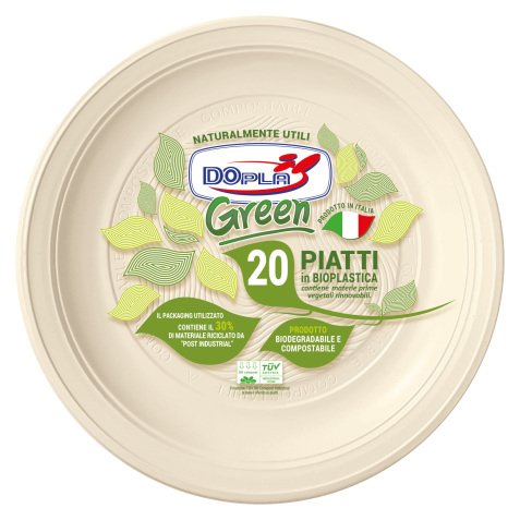 Piatto fondo monouso - rotondo - diametro 22 cm - Mater-Bi - avorio - Dopla Green - conf. 20 pezzi