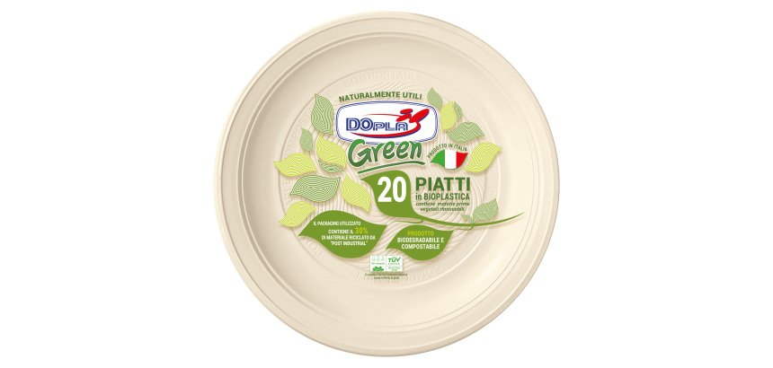 Piatto piano monouso - rotondo - diametro 22 cm - Mater-Bi - avorio - Dopla Green - conf. 20 pezzi