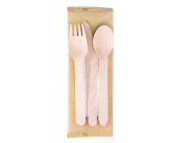 Tris posate monouso - con tovagliolo - 16 cm - legno - Signor Bio - conf. 100 pezzi
