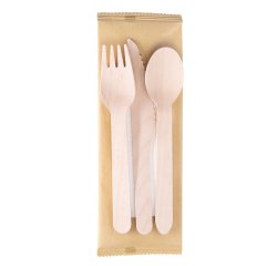 Tris posate monouso - con tovagliolo - 16 cm - legno - Signor Bio - conf. 100 pezzi