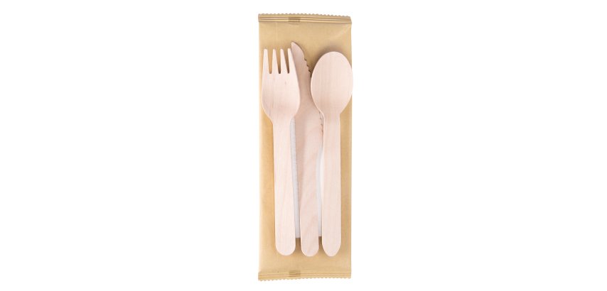 Tris posate monouso - con tovagliolo - 16 cm - legno - Signor Bio - conf. 100 pezzi