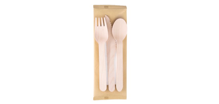 Tris posate monouso - con tovagliolo - 16 cm - legno - Signor Bio - conf. 100 pezzi