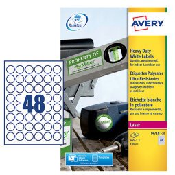 AVERY Etichette resistenti in poliestere bianco Ø 30mm, 48 etichette per foglio, adesivo permanente, laser, 20 fogli