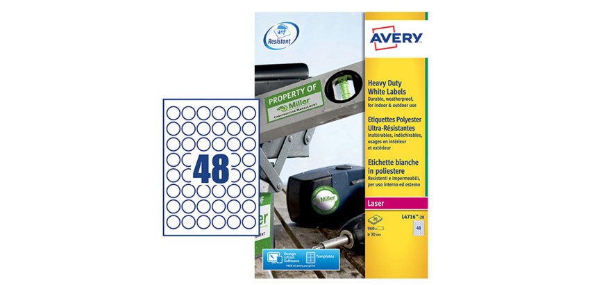 AVERY Etichette resistenti in poliestere bianco Ø 30mm, 48 etichette per foglio, adesivo permanente, laser, 20 fogli