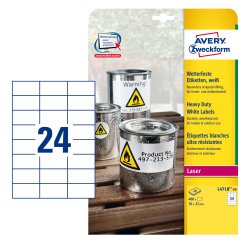 AVERY Etichette resistenti in poliestere bianco 70x37mm, 24 etichette per foglio, adesivo permanente, laser, 20 fogli