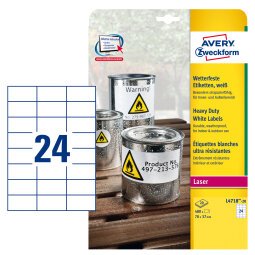 AVERY Etichette resistenti in poliestere bianco 70x37mm, 24 etichette per foglio, adesivo permanente, laser, 20 fogli