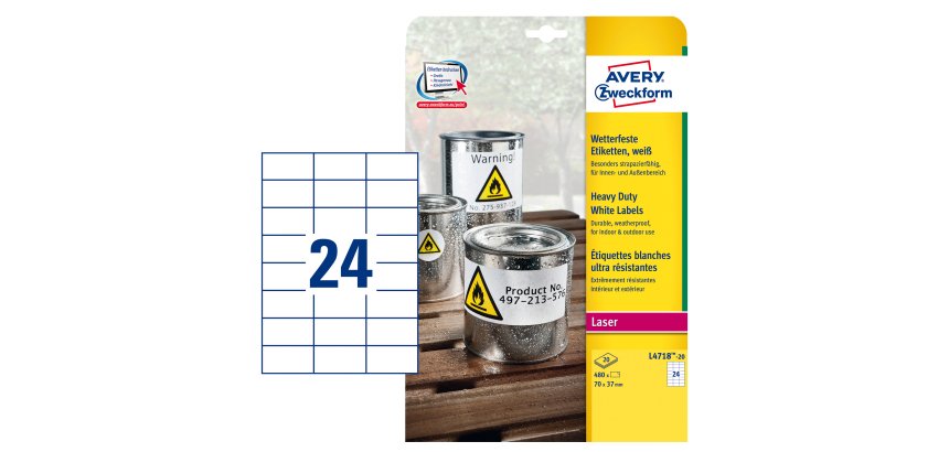 AVERY Etichette resistenti in poliestere bianco 70x37mm, 24 etichette per foglio, adesivo permanente, laser, 20 fogli