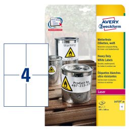 AVERY Etichette resistenti in poliestere bianco 105x148mm, 4 etichette per foglio, adesivo permanente, laser, 20 fogli