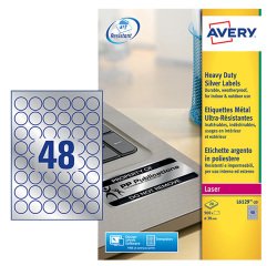 Etichette adesive tonde L6129 - in poliestere - laser - permanenti - diametro 30 mm - 48 et/fg - 20 fogli - argento - Avery