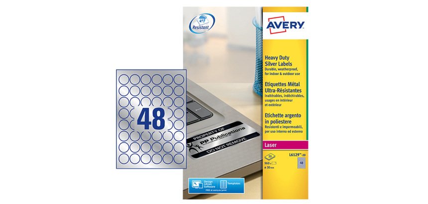 Etichette adesive tonde L6129 - in poliestere - laser - permanenti - diametro 30 mm - 48 et/fg - 20 fogli - argento - Avery