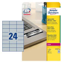 AVERY Etichette resistenti in poliestere argento 70x37mm, 24 etichette per foglio, adesivo permanente, laser, 20 fogli