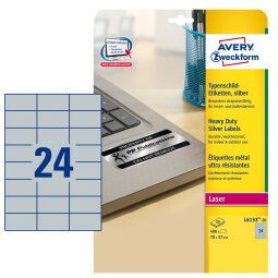 AVERY Etichette resistenti in poliestere argento 70x37mm, 24 etichette per foglio, adesivo permanente, laser, 20 fogli