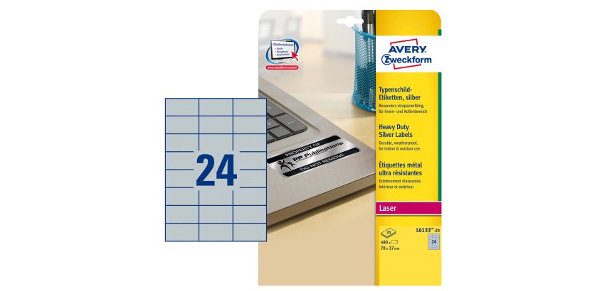 AVERY Etichette resistenti in poliestere argento 70x37mm, 24 etichette per foglio, adesivo permanente, laser, 20 fogli