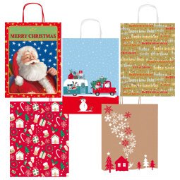 Shopper in carta kraft - con manici - 26 x 34,5 x 12 cm - fantasia natale - Sadoch