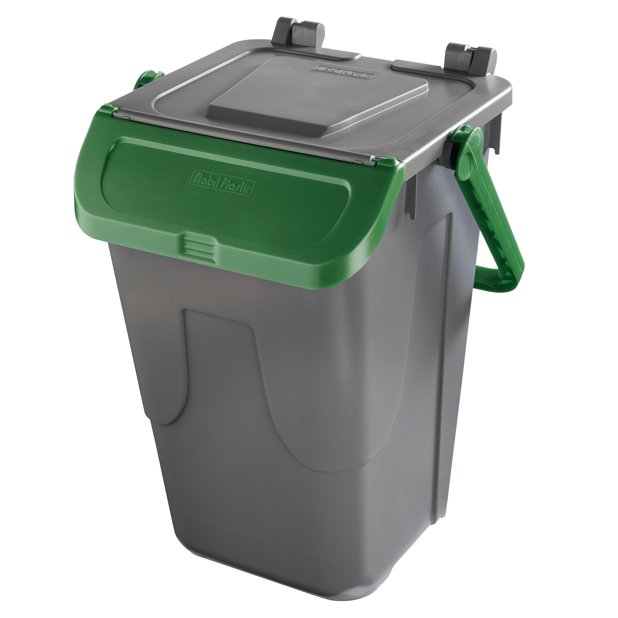 Contenitore portarifiuti Ecology - con sportello e maniglione - 35 L -  grigio/verde - Mobil Plastic su