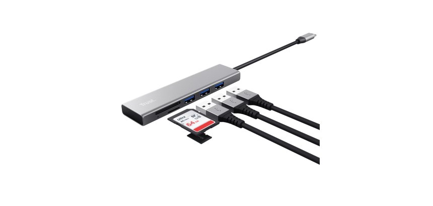 Hub USB-C veloce e lettore di schede - 3 porte - argento - Trust