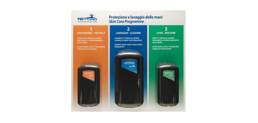 Pannello per protezione e lavaggio delle mani - con 3 dispenser - 67,4 x 60 x 1 cm - Nettuno
