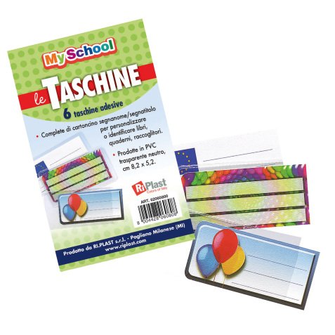 Taschine adesive - con cartoncino portanome - 8,2 x 5,2 cm - PVC - trasparente - Colorosa - conf. 6 pezzi