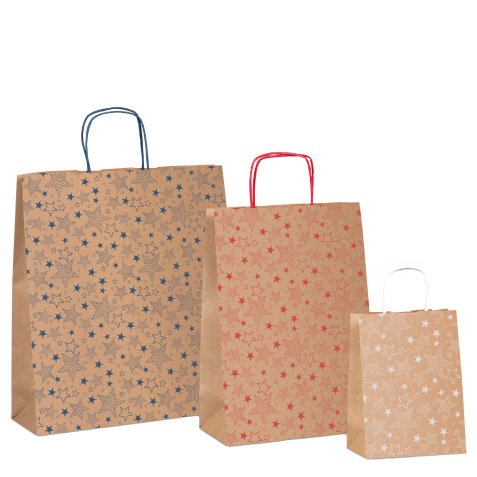 Shopper natale - 36 x 12 x 41 cm - carta kraft - fantasia stelline - colori assortiti - Rex Sadoch