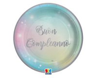 Piatto Soft Rainbow - Buon Compleanno - diametro 24 cm - carta - Big Party - conf. 8 pezzi