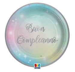 Piatto Soft Rainbow - Buon Compleanno - diametro 24 cm - carta - Big Party - conf. 8 pezzi