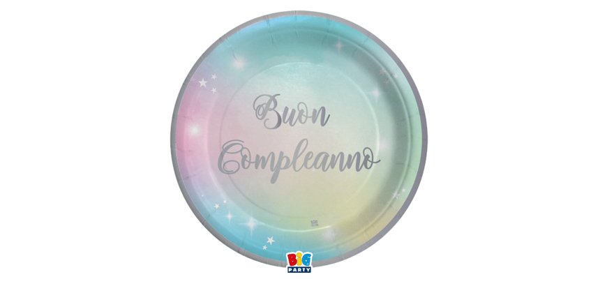 Piatto Soft Rainbow - Buon Compleanno - diametro 24 cm - carta - Big Party - conf. 8 pezzi