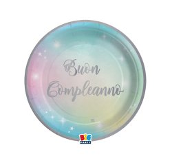 Piatto Soft Rainbow - Buon Compleanno - diametro 18 cm - carta - Big Party - conf. 8 pezzi