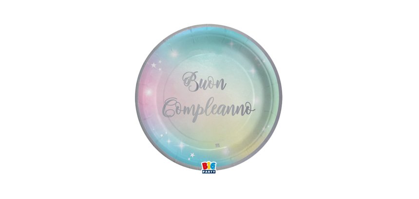 Piatto Soft Rainbow - Buon Compleanno - diametro 18 cm - carta - Big Party - conf. 8 pezzi