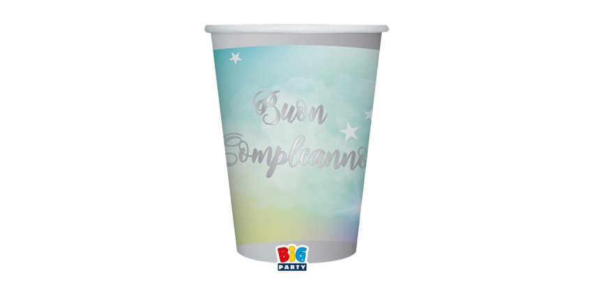 Bicchiere Soft Rainbow - Buon Compleanno - 200 ml - carta - Big Party - conf. 8 pezzi