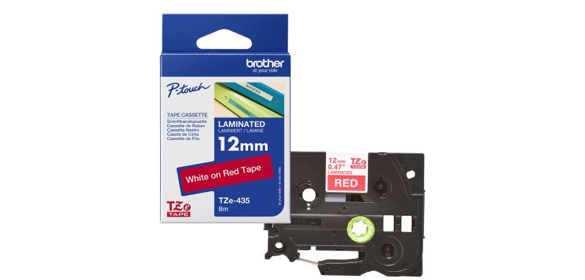 Brother TZE-435 label-making tape White on red