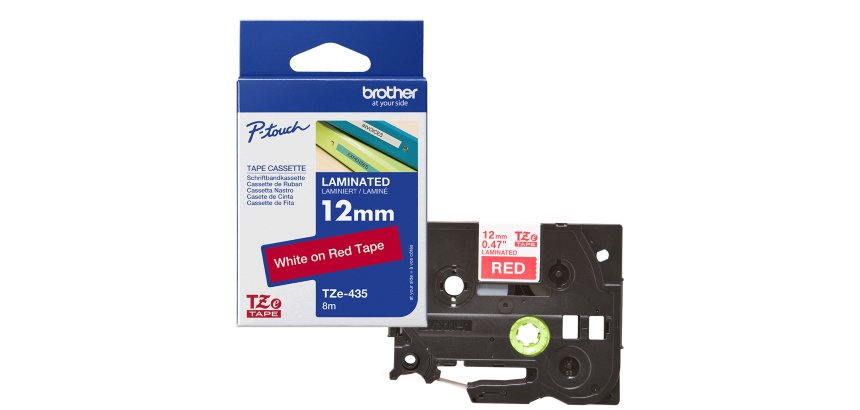 Brother TZE-435 label-making tape White on red