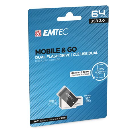 Emtec - Dual USB2.0 T260 - micro-USB - ECMMD64GT262B - 64GB