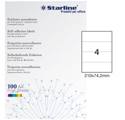 Etichette adesive - in carta - permanenti - 210 x 74,2 mm - 4 et/fg - 100 fogli - bianco - Starline