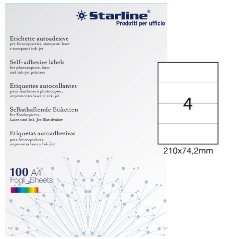 Etichette adesive - in carta - permanenti - 210 x 74,2 mm - 4 et/fg - 100 fogli - bianco - Starline