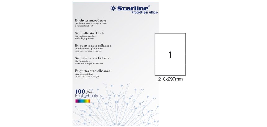 Etichette adesive - in carta - permanenti - 210 x 297 mm - 1 et/fg - 100 fogli - bianco - Starline