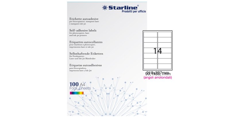 Etichette adesive - in carta - angoli arrotondati - permanenti - 99,1 x 38,1 mm - 14 et/fg - 100 fogli - bianco - Starline