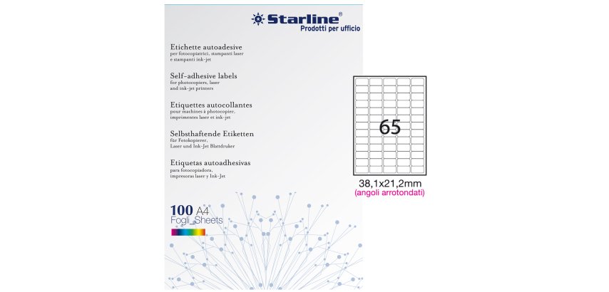 Etichette adesive - in carta - angoli arrotondati - permanenti - 38,1 x 21,2 mm - 65 et/fg - 100 fogli - bianco - Starline