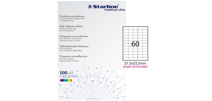 Etichette adesive - in carta - angoli arrotondati - permanenti - 37,5 x 23,5 mm - 60 et/fg - 100 fogli - bianco - Starline
