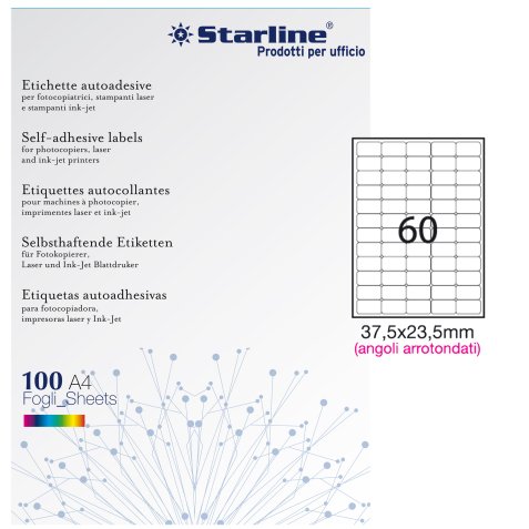 Etichette adesive - in carta - angoli arrotondati - permanenti - 37,5 x 23,5 mm - 60 et/fg - 100 fogli - bianco - Starline