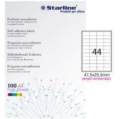 Etichette adesive - in carta - angoli arrotondati - permanenti - 47,5 x 25,5 mm - 44 et/fg - 100 fogli - bianco - Starline