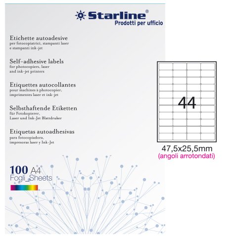 Etichette adesive - in carta - angoli arrotondati - permanenti - 47,5 x 25,5 mm - 44 et/fg - 100 fogli - bianco - Starline