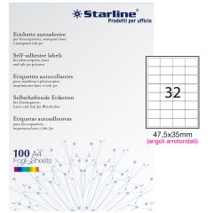Etichette adesive - in carta - angoli arrotondati - permanenti - 47,5 x 35 mm - 32 et/fg - 100 fogli - bianco - Starline