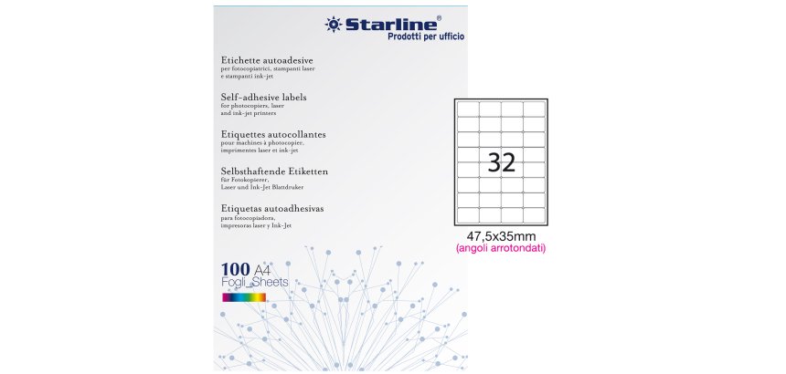 Etichette adesive - in carta - angoli arrotondati - permanenti - 47,5 x 35 mm - 32 et/fg - 100 fogli - bianco - Starline