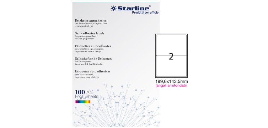 Etichette adesive - in carta - angoli arrotondati - permanenti - 199,6 x 143,5 mm - 2 et/fg - 100 fogli - bianco - Starline