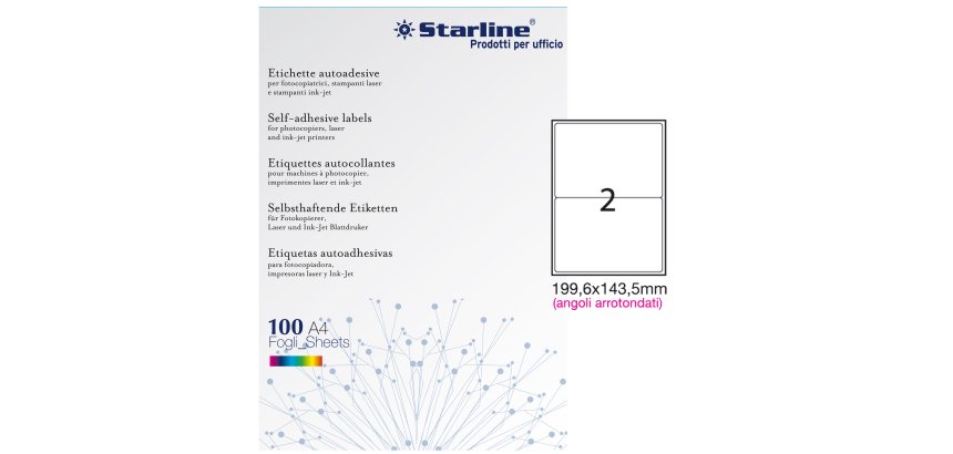 Etichette adesive - in carta - angoli arrotondati - permanenti - 199,6 x 143,5 mm - 2 et/fg - 100 fogli - bianco - Starline