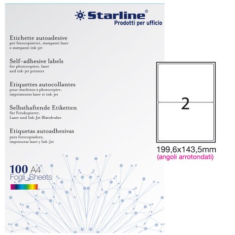 Etichette adesive - in carta - angoli arrotondati - permanenti - 199,6 x 143,5 mm - 2 et/fg - 100 fogli - bianco - Starline