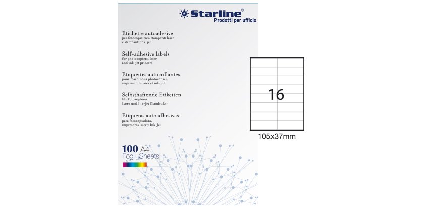 Etichette adesive - in carta - permanenti - 105 x 37 mm - 16 et/fg - 100 fogli - bianco - Starline