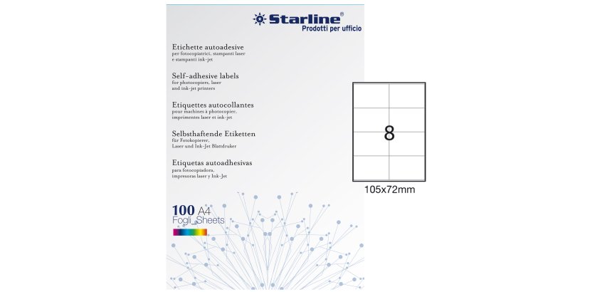 Etichette adesive - in carta - permanenti - 105 x 72 mm - 8 et/fg - 100 fogli - bianco - Starline